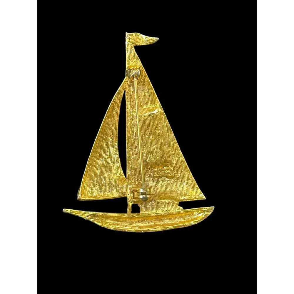 Vtg Arthur Pepper ART Jewelry Signed Brushed Gold Tone Sailboat Brooch Nautical - Picture 4 of 6